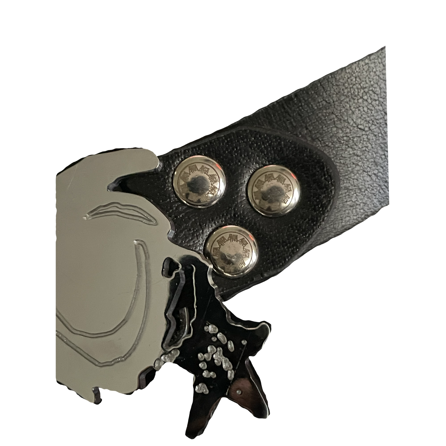 A black genuine buffalo leather belt with a polished stainless steel buckle and laser-etched engravments.