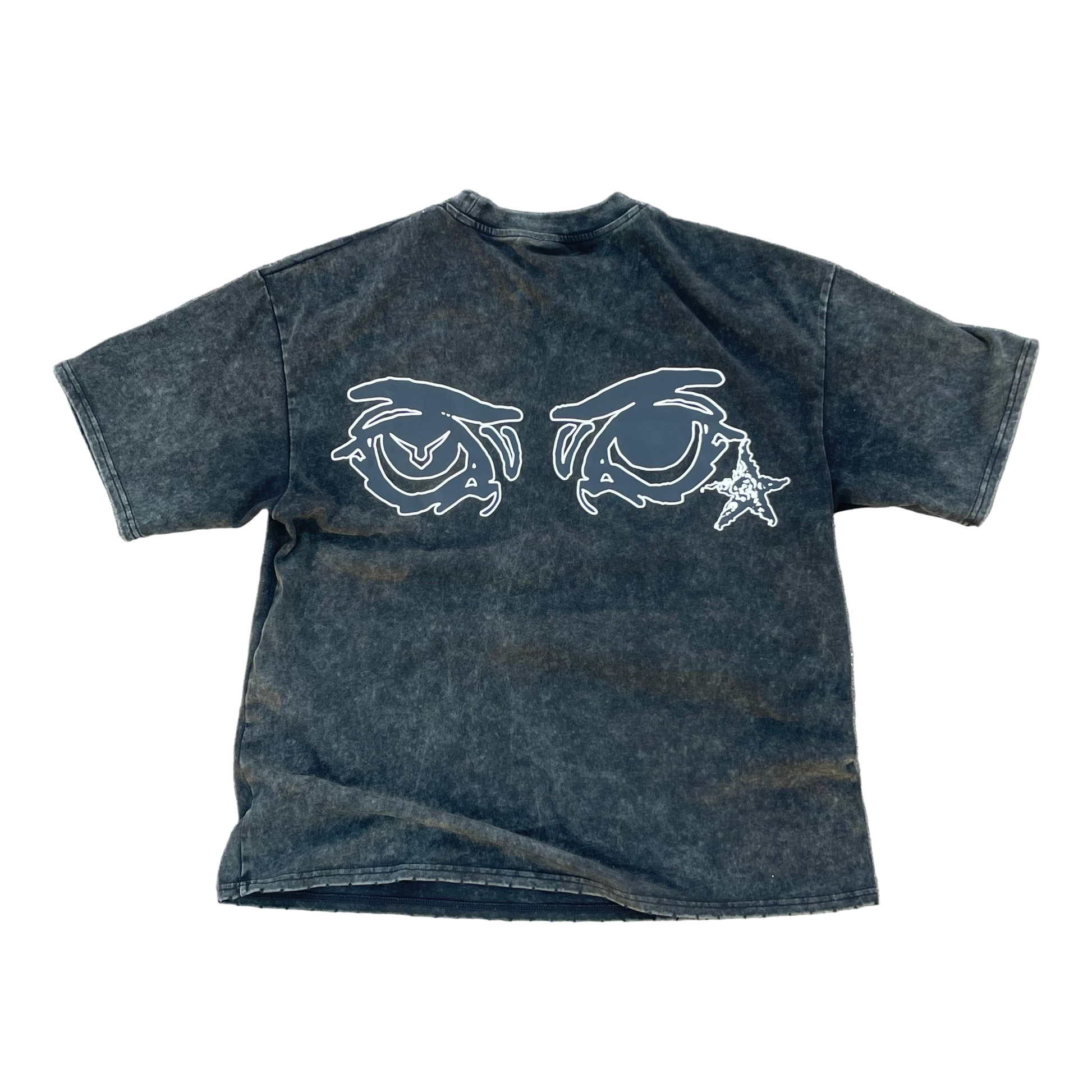 black t-shirt with white graphic design on a white background