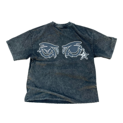 black t-shirt with white graphic design on a white background