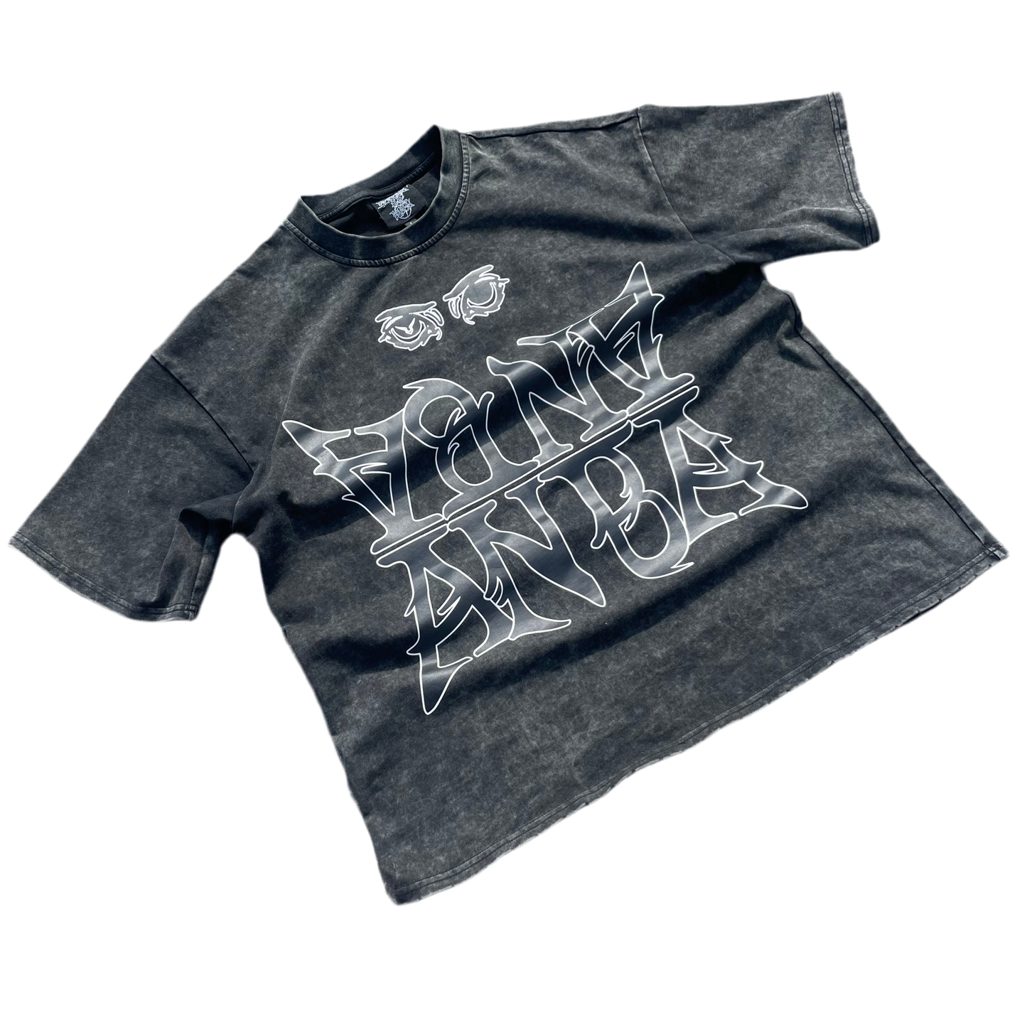 Black t-shirt with white graphic design on a white background