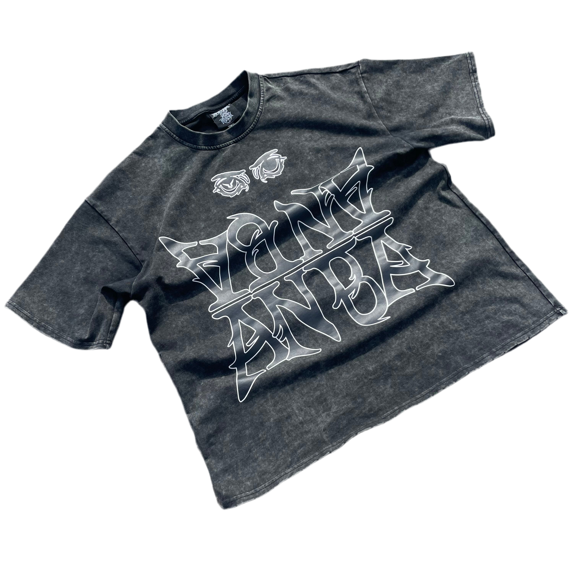 Black t-shirt with white graphic design on a white background