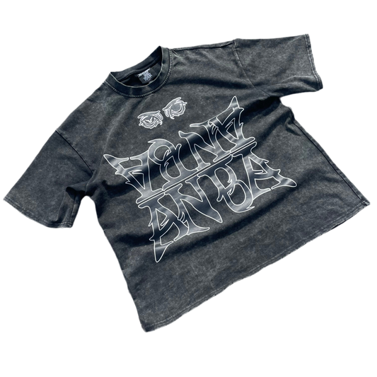 Black t-shirt with white graphic design on a white background